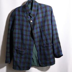 VTG Unicen Spain Wool Blue Green Plaid Blazer Jacket Womens XL Academia Prep SEE